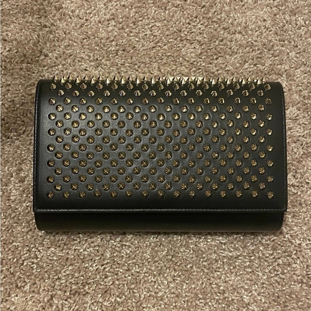 Christian Louboutin Clutch Patent Leopard Spikes Paloma Black Calfskin Leather